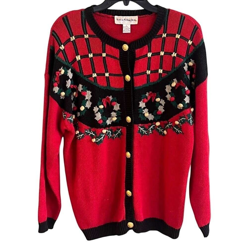 VTG Norton McNaughton Red Christmas‎ Cardigan Sweater Embroidered Holly Large